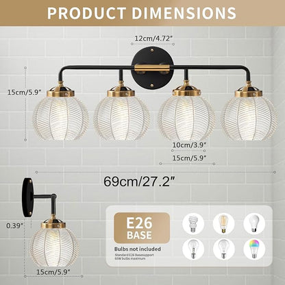 Bathroom Light fixtures 4-Lights Vanity Lights Over Mirror Mid Century Modern Wall Sconce Light with Clear Glass Globe Shade Vintage Black Gold Bath Wall Lamp for Living Room Cabinet