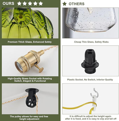 Plug in Pendant Light Fixtures, Hanging Light Fixture Glass Pendant Light, Vintage Green Hanging Lamp, Pendant Lighting for Kitchen Island, Bedroom, Dining Room, Living Room