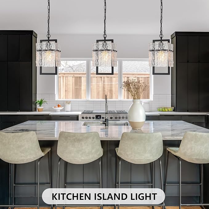 Modern Black Pendant Lights Kitchen Island, Crystal Kitchen Island Lighting with Water Ripple Glass Pendant Light Fixtures Elegant Chandeliers for Dining Room Hallway, Height Adjustable UL Listed