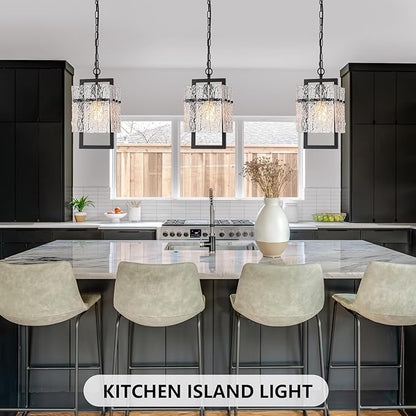 Modern Black Pendant Lights Kitchen Island, Crystal Kitchen Island Lighting with Water Ripple Glass Pendant Light Fixtures Elegant Chandeliers for Dining Room Hallway, Height Adjustable UL Listed