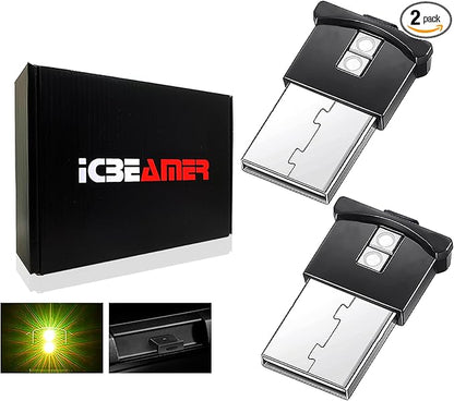 ICBEAMER Mini Smart USB Type-A 2-Pack (Yellow) | LED Night Light for Car Interior, Trunk, Center Console, Easy Plug-in, Ideal for Enhancing Automotive Ambiance