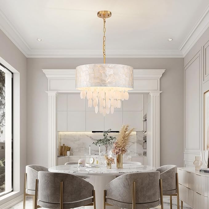 LumFurn 4-Light Drum Capiz Shell Chandeliers, Coastal Style Pendant Light Fixture for Dining Room, Living Room, D18 x 21~68"(Adjustable Height), Shell Lampshade & Gold Finish