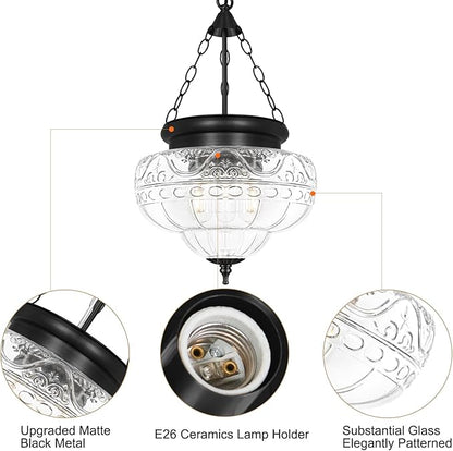 3-Light Matte Black Pendant Lights with 12In Floral Glass, Penant Lighting Fixture with Adjustable Chain, Vintage Pendant Lights Kitchen Island, Hanging Light Fixtures for Dining Room Entryway, E26*3