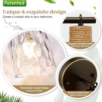 MOKATNG Set of 2 Wall Sconces for Bathroom, Coastal Modern Vanity Lights with Clear Glass Shade, Brown and Gold Bathroom Wall Lamp for Mirror Kitchen Living Room Hallway Cabinet Porch