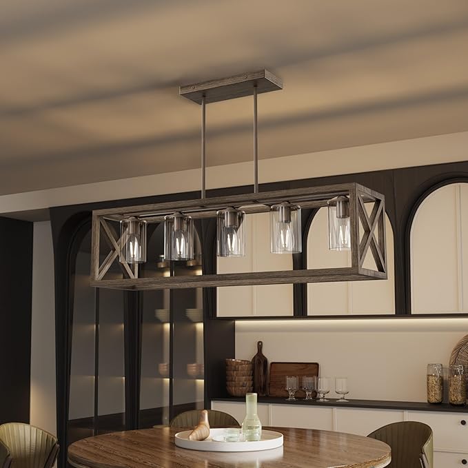 Upgraded Burlywood Dining Room Light Fixture - 5 Light Rectangle Light Fixtures with Clear Glass Shade& Adjustable Height& Thickened Metal Dining Table Lights Fixture Chandeliers for DiningRoom