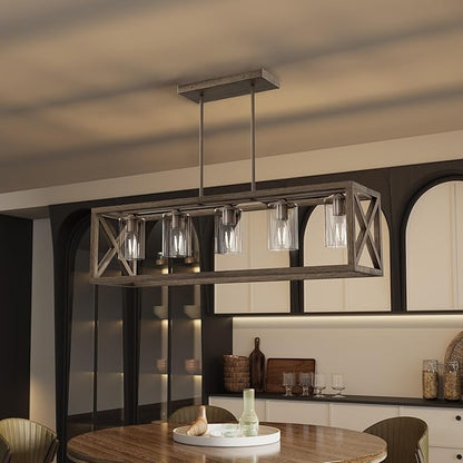 Upgraded Burlywood Dining Room Light Fixture - 5 Light Rectangle Light Fixtures with Clear Glass Shade& Adjustable Height& Thickened Metal Dining Table Lights Fixture Chandeliers for DiningRoom
