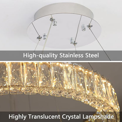 HAIXIANG Modern Crystal Chandelier Dimmable LED 16 Inch Ring Pendant Lights Adjustable Glam Chandeliers Lighting Fixtures for Dining Room Living Room Bedroom Silver Light