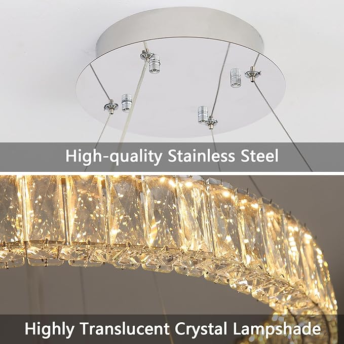 HAIXIANG Modern Crystal Chandelier Dimmable Large Ring LED Pendant Lights Adjustable Glam Chandeliers Lighting Fixtures for Dining Room Living Room Bedroom Silver Light