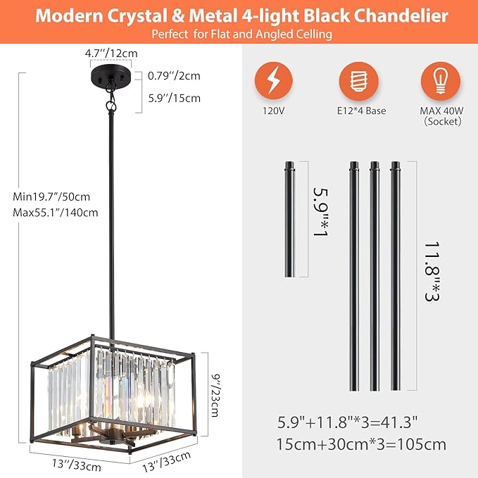 Square Black Crystal Chandeliers for Dining Room, 13" Luxury Geometric 4-Light Kitchen Farmhouse Pendant Lighting Fixture for Pool Table Entryway Foyer Hallway Office