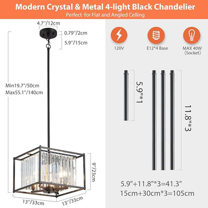 Square Black Crystal Chandeliers for Dining Room, 13" Luxury Geometric 4-Light Kitchen Farmhouse Pendant Lighting Fixture for Pool Table Entryway Foyer Hallway Office
