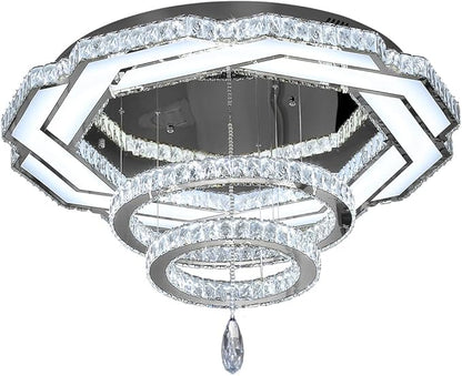Flashing God 32in Crystal Ring Chandeliers for Living Room Flush Mount Ceiling Light for Bedroom Dining Room Hallway Dimmable LED 3 Rings Pendant Lighting