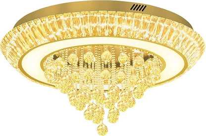 Modern LED Crystal Chandelier, Large Round Raindrop Chandelier for Living Dining Room 32in Gold Flush Mount Ceiling Light Kitchen Island Bar