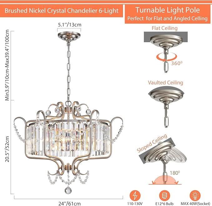 Modern Crystal Chandelier for Dining Room 24" Brushed Nickel Light Fixtures 6-Light Farmhouse Pendant Lighting for Kitchen Island Bedroom Hallway Entryway