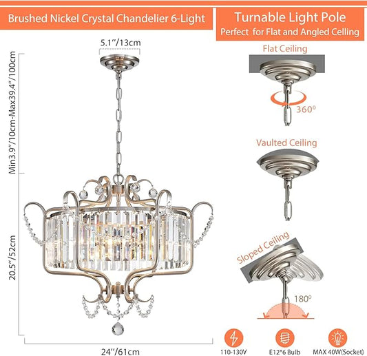 Modern Crystal Chandelier for Dining Room 24" Brushed Nickel Light Fixtures 6-Light Farmhouse Pendant Lighting for Kitchen Island Bedroom Hallway Entryway