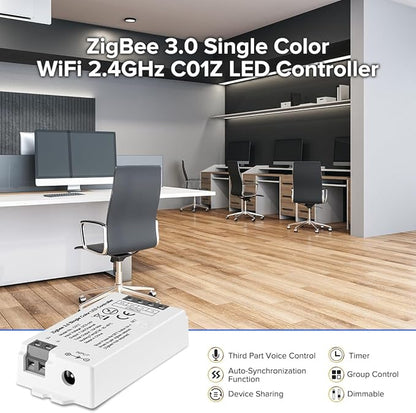 BTF-LIGHTING Tuya Zigbee 3.0 C01Z LED Controller Support Single Color 2 pin (-V +V) PWM FCOB COB SMD Light Strip Compatible with Echo Plus/4th Gen Tuya Gateway DC5V/DC12V/DC24V Max 15A
