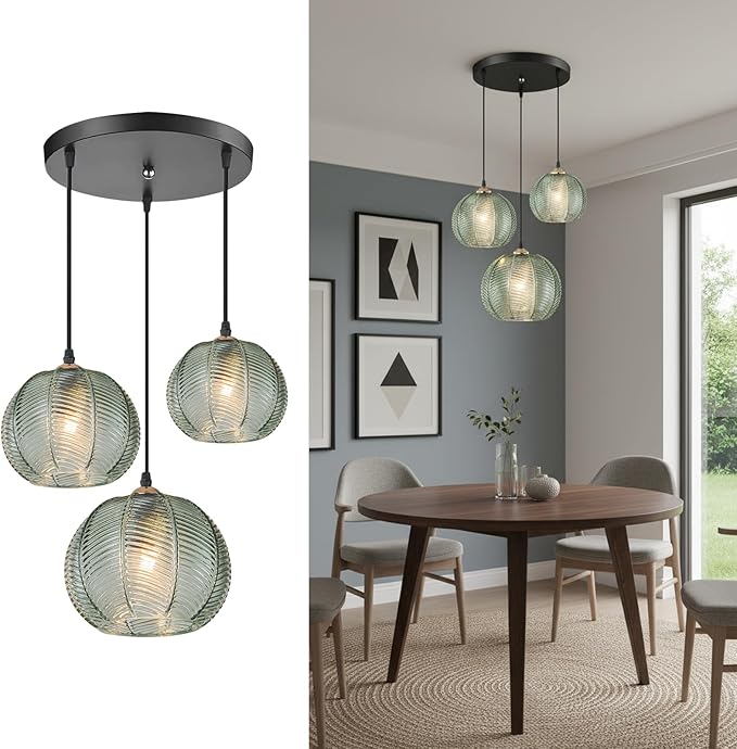 Cluster Pendant Light Fixture, Mid Century Modern 3-Light Globe Custer Chandelier, Farmhouse Dining Room Kitchen Island Hanging Light Fixture Over Table with Ribbed Green Glass Shade