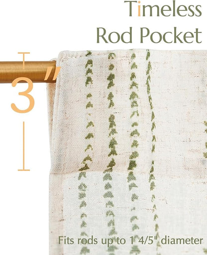 jinchan Boho Kitchen Curtains Linen Cafe Tier Curtains 24 Inch Bohemian Geometric Striped Mudcloth Small Window Drapes for Living Room Bathroom Light Filtering Back Tab 2 Panels Sage Green on Flax