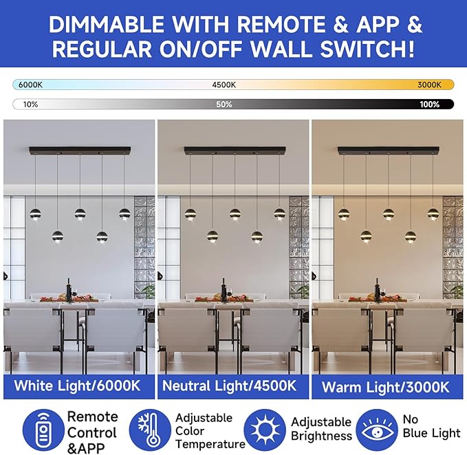 ORANOOR Modern LED Pendant Lights, Dimmable 36in Crystal Globe LED Chandelier Lighting, Black & Gold Dining Room Hanging Light Fixtures Kitchen Island Linear Pendant Light for Dining Table (3500lm)