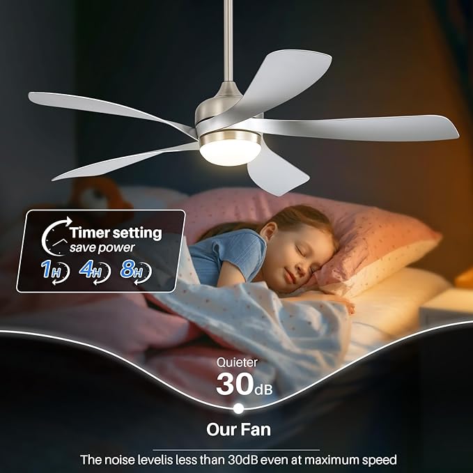 CACI Mall 52 Inch Ceiling Fans with Lights and Remote, modern, Outdoor ceiling fan with 6-Speed, 5 Blades, 2 Downrods, 3 CCT, Timer, Quiet Reversible DC Motor for Living Room, Bedroom, Patios
