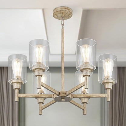 6 Light Farmhouse Chandeliers for Dining Room | Rustic Dining Room Light Fixtures Over Table | Fake Wood Hanging Lighting with Clear Glass Cover for Living Room | Kitchen Island | Entryway | Bathroom