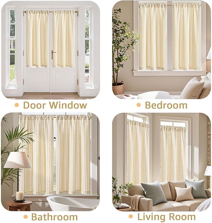 jinchan Striped Linen Kitchen Curtains 45 Inches Tier Curtains Farmhouse Modern Cafe Style Small Window Treatments Airy Light Filtering Rod Pocket for Living Room Bathroom 2 Panels Mustard Yellow