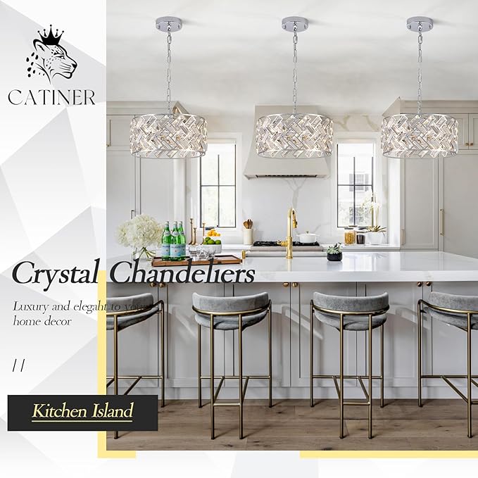 CATINER Chrome Crystal Chandeliers, 4-Light Modern Semi Flush Mount Ceiling Light, D12'' Small Round Crystal Hanging Pendant Light Fixtures for Dining Room Kitchen Island Entryway Hallway