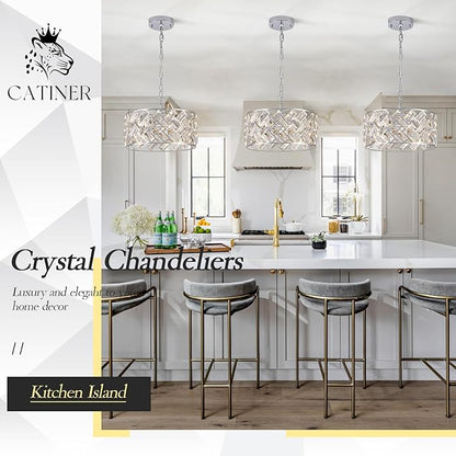 CATINER Chrome Crystal Chandeliers, 4-Light Modern Semi Flush Mount Ceiling Light, D12'' Small Round Crystal Hanging Pendant Light Fixtures for Dining Room Kitchen Island Entryway Hallway
