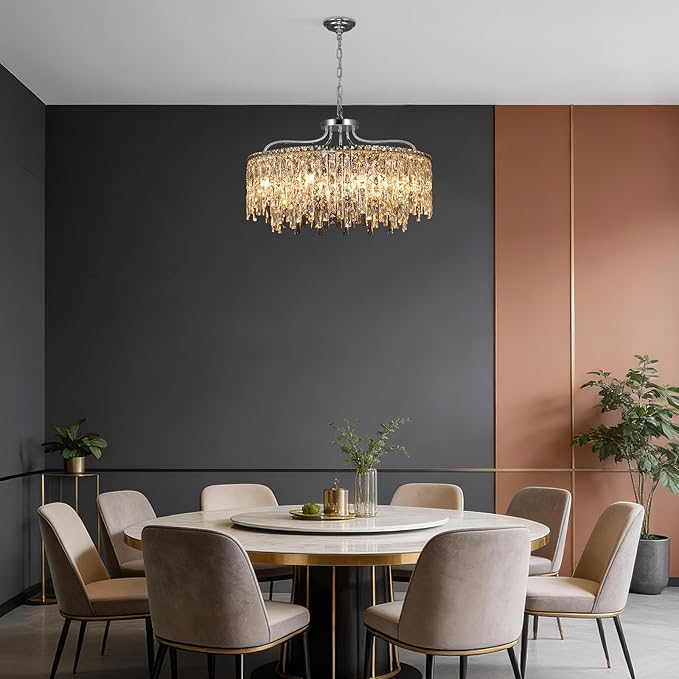 10 Lights Chrome Crystal Chandeliers for Dining Room Light Fixture | D28 Modern Round Crystal Chandelier Over Table | Hanging Lighting for Living Room Kitchen Island Bedroom Bathroom
