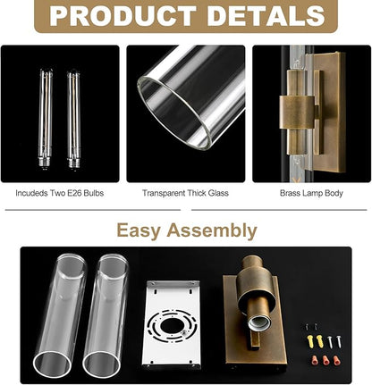 23" Brass Wall Sconce with Clear Glass Shade - Rust-Resistant Vintage Light, E26 Indoor Sconce, Decorative Lighting for Bathroom Living Room Stairway Fireplace Bedroom (Bronze)