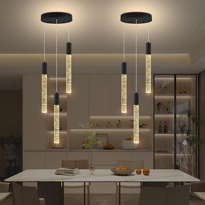 Modern Crystal Chandelier 3-Lights, Spiral LED Raindrop Kitchen Island Pendant Lighting, Bubble Foyer Dinimg Room Hanging Light Fixture Remote Control Black