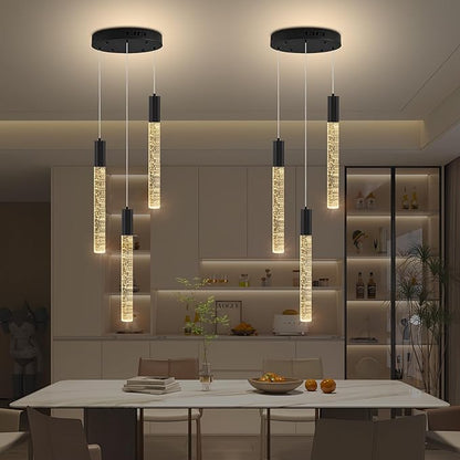 Modern Crystal Chandelier 3-Lights, Spiral LED Raindrop Kitchen Island Pendant Lighting, Bubble Foyer Dinimg Room Hanging Light Fixture Remote Control Black