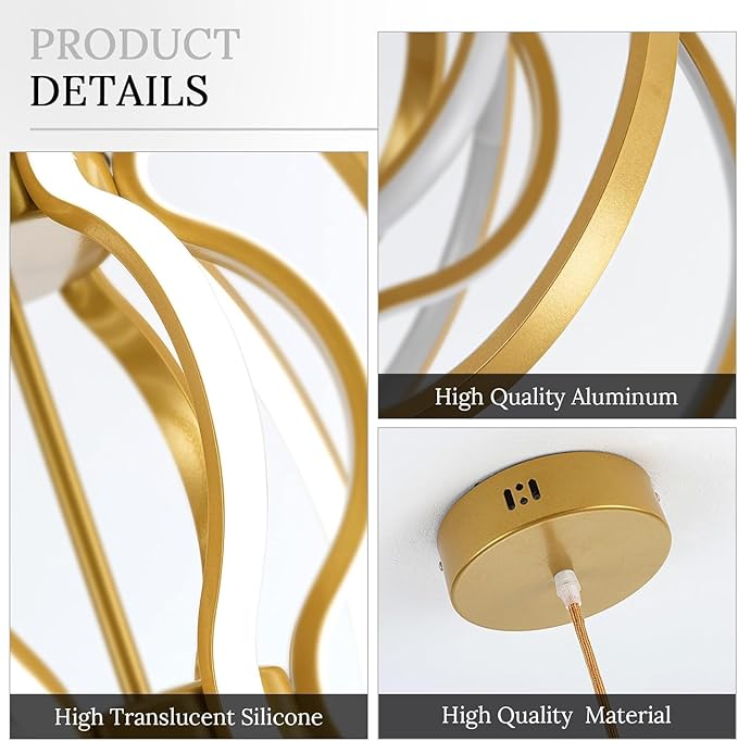 Modern Gold Chandelier with Remote Control, 69W 3-Color Temperature Dimmable LED Chandelier for Dining Room, Hanging Adjustable Pendant Light for Living Room Kitchen Foyer Entryway