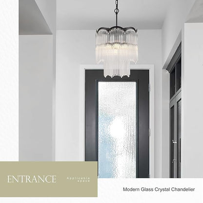 12.52" Black Clear Glass Crystal Pendant Light 5-Light Modern Crystal Pendant Ceiling Light Fixture 2-Tier Luxury Glass Chandeliers,for Dining Room Kitchen Island Living Room Bedroom