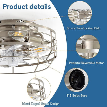 Caged Ceiling Fan with Light and Remote, Flush Mount Fan Lights Ceiling Fixture, Modern Bladeless 12 in 6 Speeds Fans with Lights for Kitchen, Bedroom, Living Room, Brushed Nickel