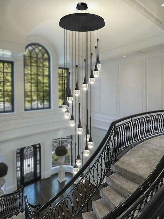 ykolupty Modern Crystal Chandeliers LED Dimmable Stairwell Chandelier Black Teardrop Chandelier Large Pendant Light for Entryway Foyer Living Room