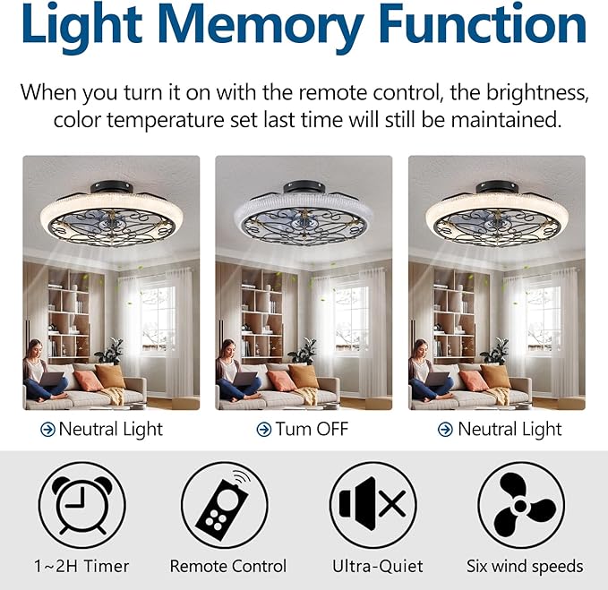 Black Caged Ceiling Fan with Lights Remote Control, 6 Speeds Rustic Industrial Ceiling Fan Light with Crystal Sand Lampshade for Kitchen Bedroom Living Room