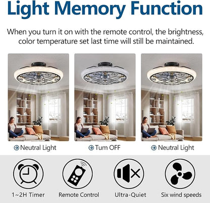 Black Caged Ceiling Fan with Lights Remote Control, 6 Speeds Rustic Industrial Ceiling Fan Light with Crystal Sand Lampshade for Kitchen Bedroom Living Room