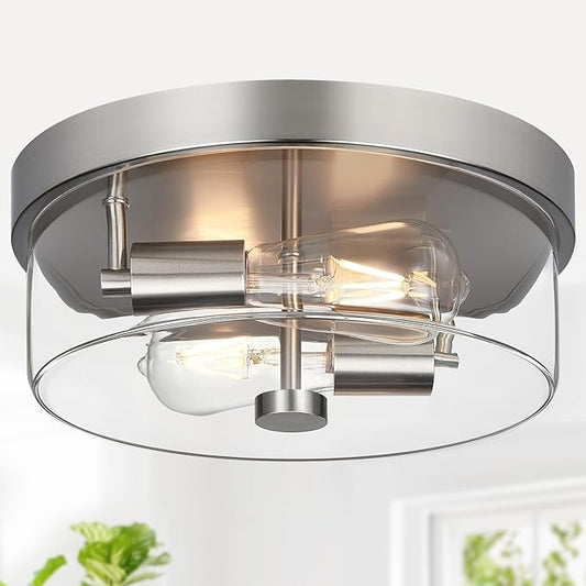 szzgco Flush Mount Ceiling Light Fixtures, 2-Light 12 Inch Brushed Nickel Close to Ceiling Light Fixtures with Clear Glass Shade Ceiling Light Fixture for Porch, Hallway, Bathroom, Dining Room and