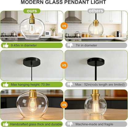 Glass Pendant Lights Kitchen Island, 9.45'' Black Gold Pendant Lighting Fixtures, Modern Hanging Ceiling Light with Clear Glass Shade for Farmhouse Dining Room Bedroom Hallway(1 Pack)