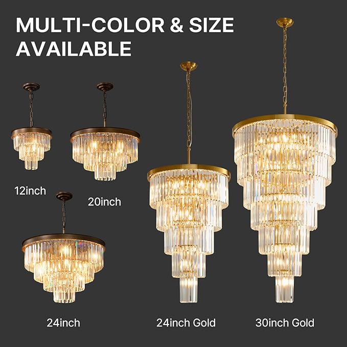 Crystal High Ceiling Chandelier Modern: 30" 7-Tiered Dimmable Staircase Chandeliers - Large Long Gold Hanging Pendant Light Fixture For Entryway Foyer Living Room - Round Flush Mount Ceilings Lights