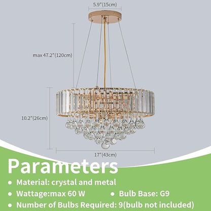 HOPGGIE 17 Inch Crystal Chandeliers Flush Mount Chandelier G9 Base Round Modern Ceiling Light Fixture Pendant Lighting for Living Room Dining Room Laundry Room Kitchen Bedroom (Gold)