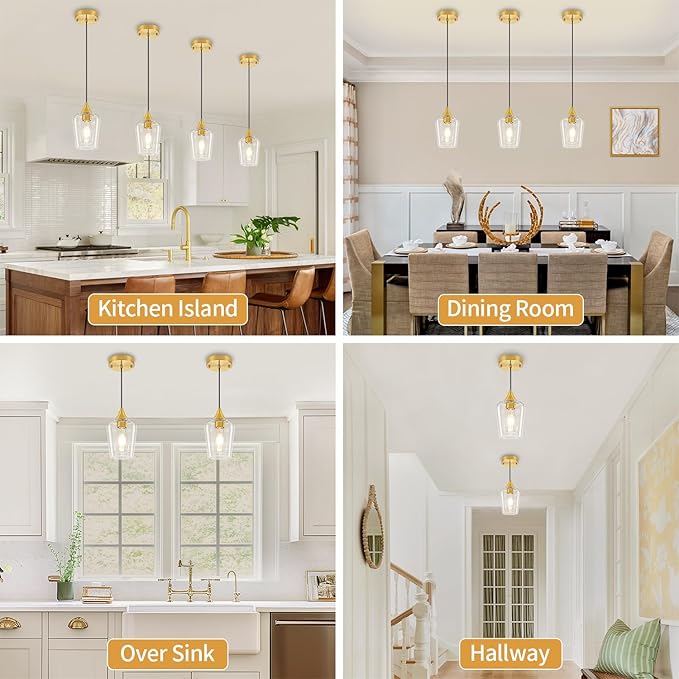 2-Pack Brushed Gold Pendant Lights Kitchen Island, Modern Glass Pendant Lighting Over Island Kitchen Hanging Light Fixtures Hallway Pendant Lights for Bathroom Dining Room Entryway Foyer Bedroom