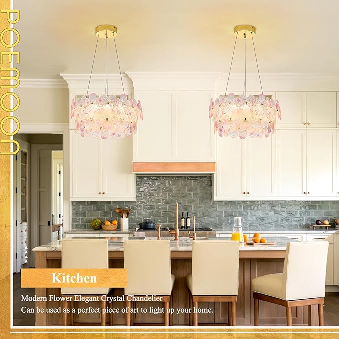 Modern Pink Flower Chandelier 20'' Gold Crystal Light Fixture Dimmable LED Ceiling Pendant Lighting with Remote Control Contemporary for Dining Room Entryway Bedroom Kitchen(3000K-6500K)