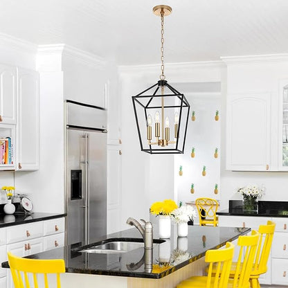 MELUCEE 4-Light Farmhouse Cage Pendant Light in Black Vintage Chandelier Lantern Hanging Light Fixtures Ceiling with Brass Candle-Shaped Socket for Kitchen Island, Dining Room, Foyer