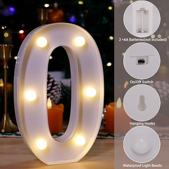 LED Marquee Sign Light Up Letters, Alphabet Light Up Letters Sign, Battery Powered LED Letter Lights for Night Light, Wedding, Birthday, Party, Christmas or Home Decor (Number 0)