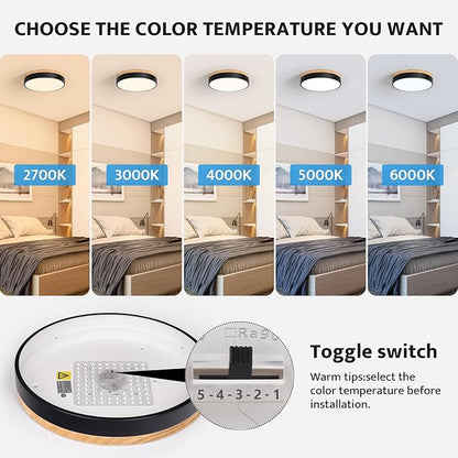 WOKNOS Dimmable Wood Flush Mount Ceiling Light Modern Black LED Ceiling Light Fixture 2700K-6000K Minimalist Round Close to Ceiling Light for Bathroom Hallway Bedroom Entryway Kitchen, 11.81"