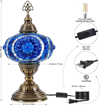 Turkish Lamp, Mosaic Table Lamp, Antique Moroccan Decorative Glass Bohemian Vintage Lamp Shade, Small Desk Tiffany Bedside Stained Glass Lamp with US Plug and E12 Socket