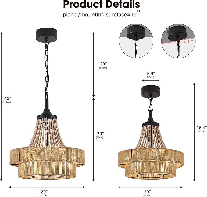 20 inch Boho Chandelier with Fan, Remote and App Control, Double-Layer Drum Shade, 8-Lights Rattan Farmhouse Fandelier for Dining Room, Bedroom, Kitchen