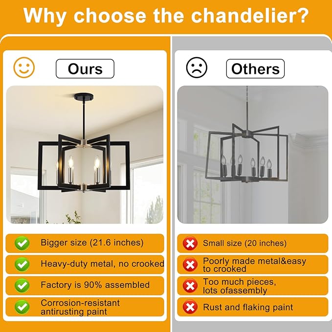21.6" Dining Room Light Fixture, 6-Light Black+Brushed Nickel Farmhouse Chandeliers for Dining Room, Industrial Hanging Pendant Lights Fixture for Kitchen Island, Bedroom, Entryway, Foyer, Entryway
