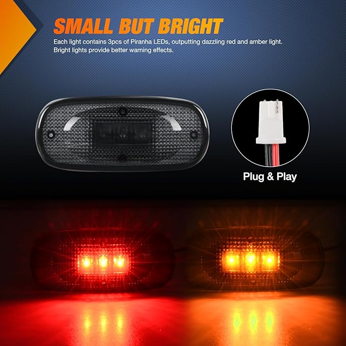 Nilight Wheel Fender Side Marker Lights 4 PCS 3 LED Red Amber Front Rear Clearance Light Plug And Play Waterproof Smoked Lens Compatible With 2003-2009 Dodge Ram 1500 2500 3500 Super Duty